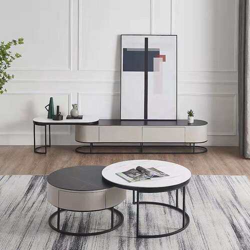 尤维轻奢亮光哑光岩板圆形茶几电视柜组合现代极简客厅家用套装