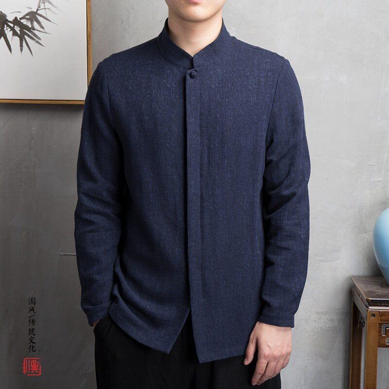 2025春秋季棉麻长袖立领唐装男士休闲中国风外套汉服民族衣服衬衫