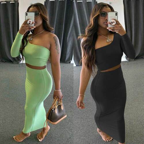 Women's long sleeved crop top two tight fitting suit skirt