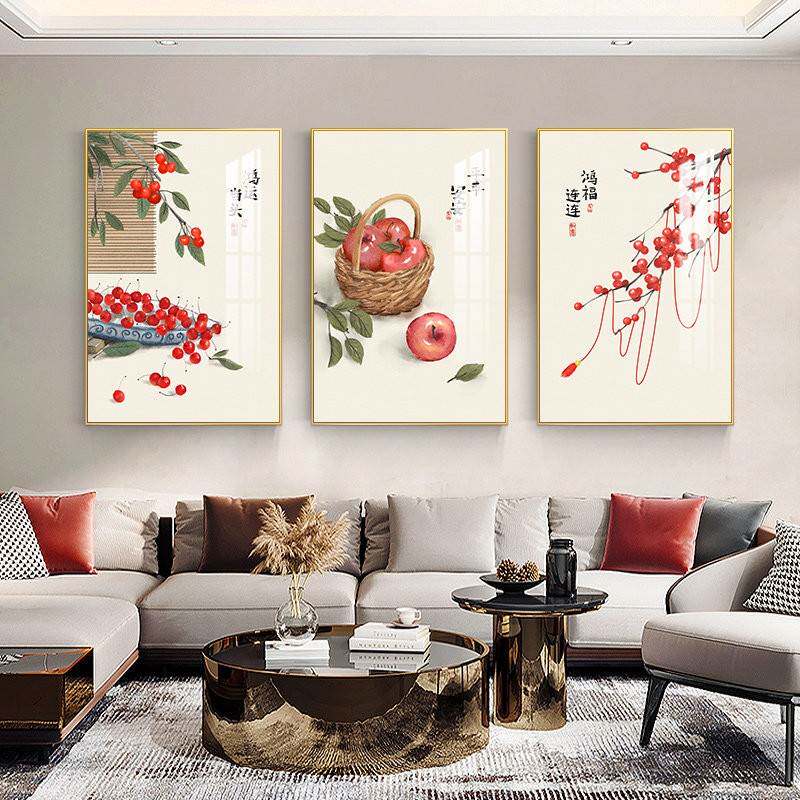 鸿运当头客厅装饰画沙发背景墙挂画新中式壁画现代简约墙画三联画