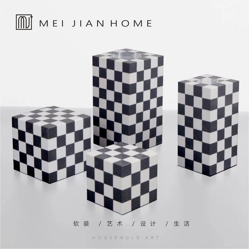 现代创意黑白格子大理石正体花器几何桌面摆件样板房电视柜装饰品