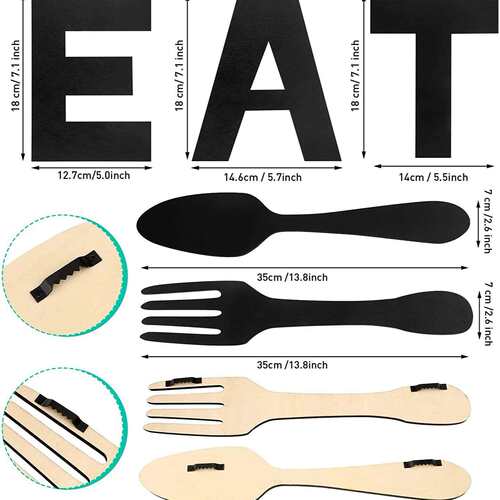 EAT 标志,叉子和勺子墙面厨房家居装饰悬挂木质字母,乡村墙壁艺术