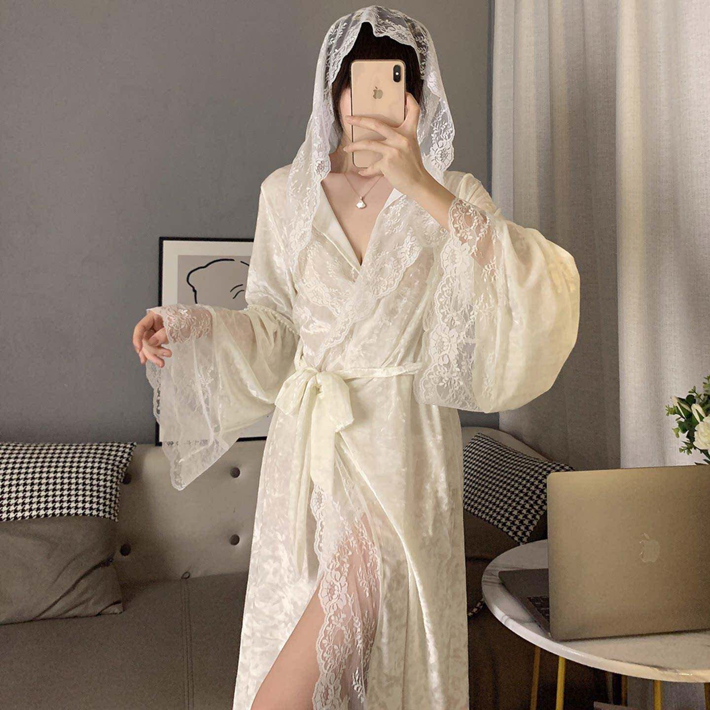 CLAUDIE HOME金丝绒睡衣女秋冬款性感蕾丝睡袍长版连帽浴袍家居服