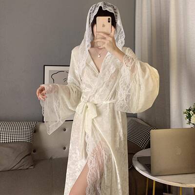 CLAUDIE HOME金丝绒睡衣女秋冬款性感蕾丝睡袍长版连帽浴袍家居服