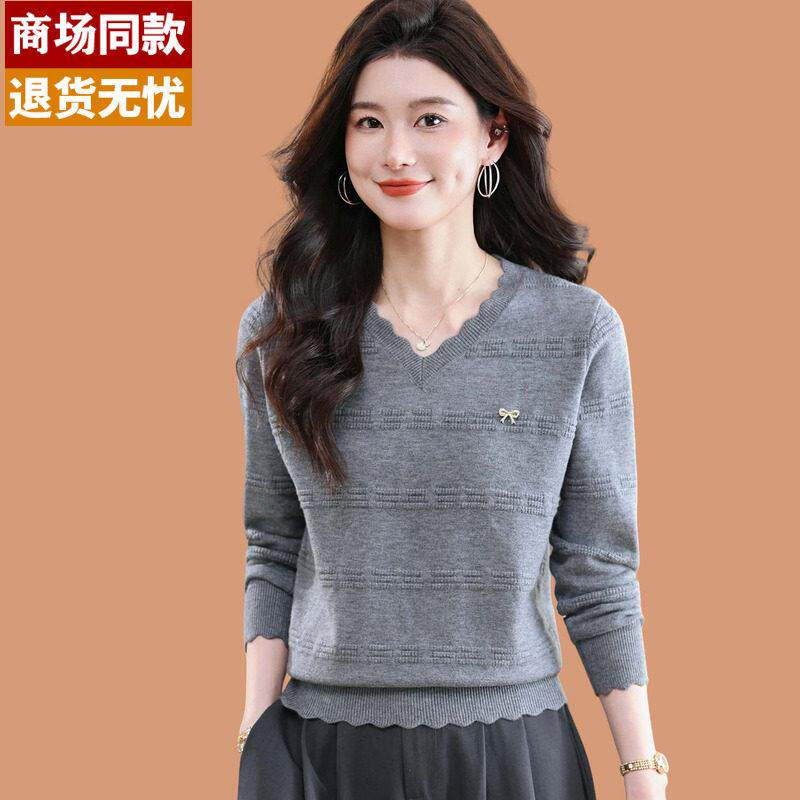 鸡心领羊毛长袖t恤女2026新款女装春季薄款上衣花边v领毛衣打底衫
