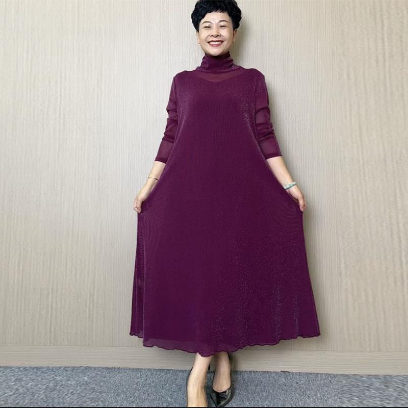 极速秋冬新款连衣裙高档弹力显瘦高领百搭黑色长裙A版星空网纱遮