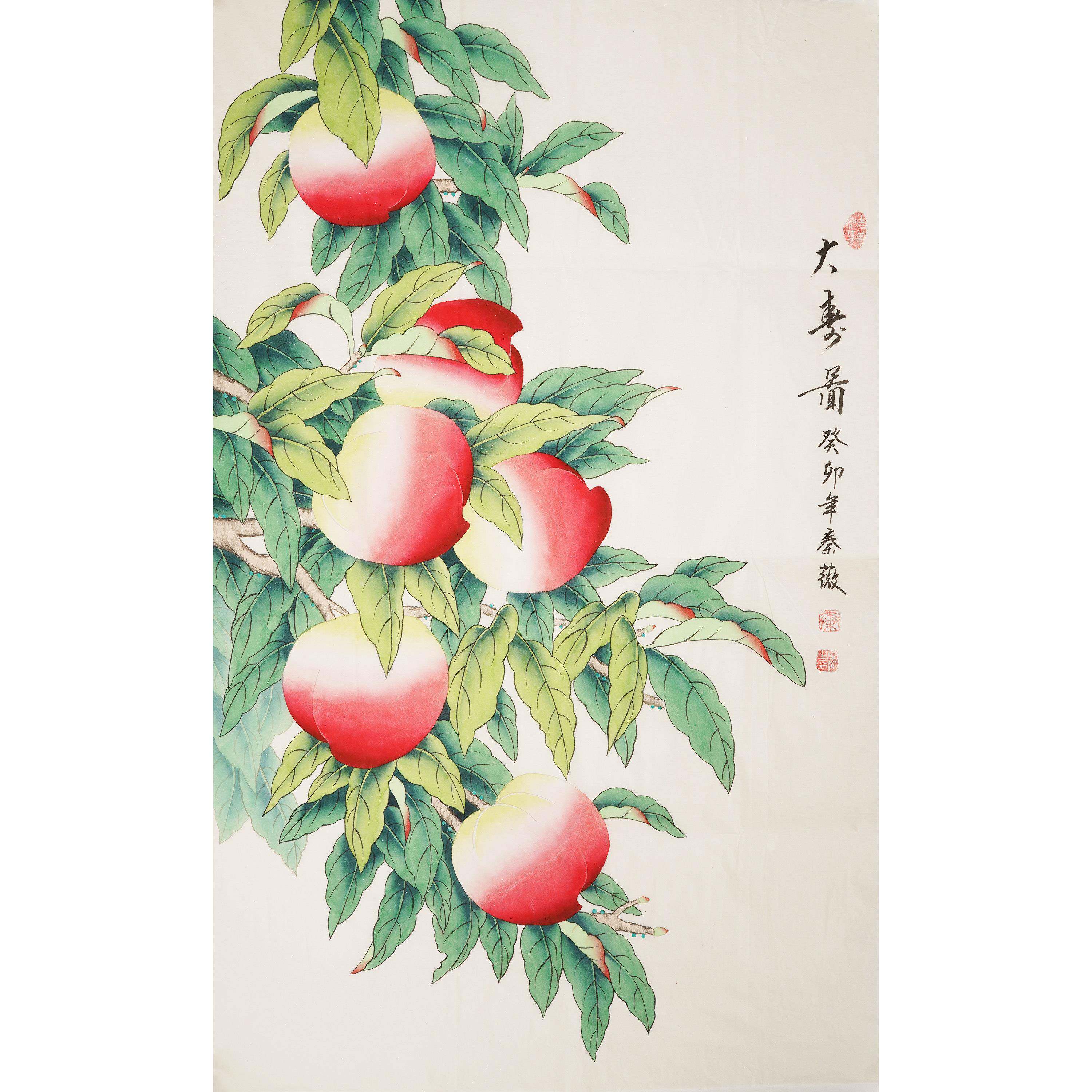 工笔画 画国画 画寿桃装饰画 画手绘花鸟画 画三尺玄关客厅挂画