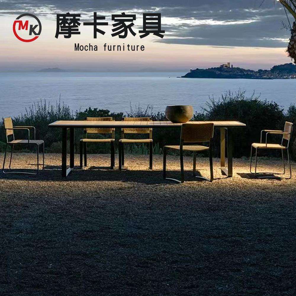 户外餐桌椅藤编休闲阳台组合庭院民宿设计师铝合金柚木餐桌藤椅子