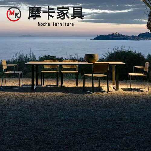 户外餐桌椅藤编休闲阳台组合庭院民宿设计师铝合金柚木餐桌藤椅子