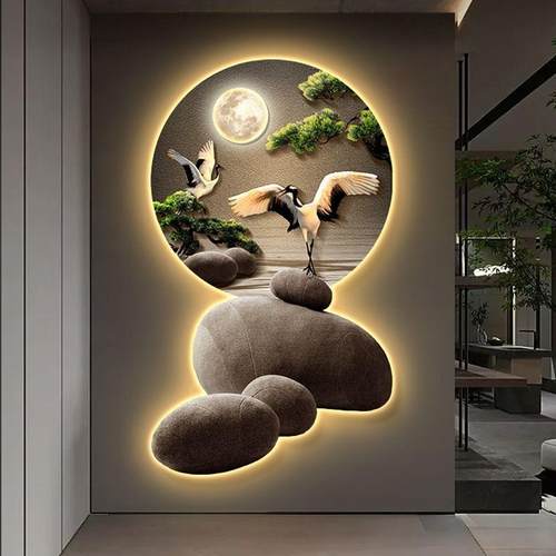 迎客松入户玄关装饰画新中式LED灯画客厅壁画鹿走廊尽头过道挂画