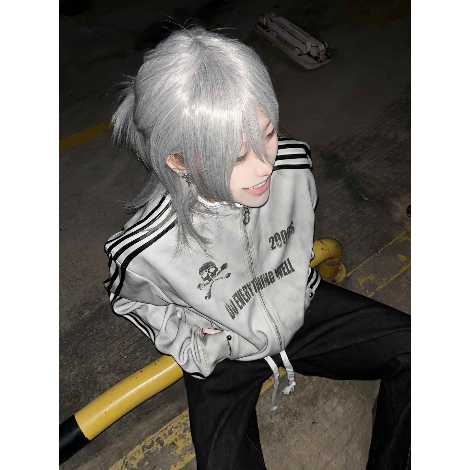 y2k亚文化立领卫衣开衫女秋冬新款水洗喷脏做旧夹克外套重磅上衣