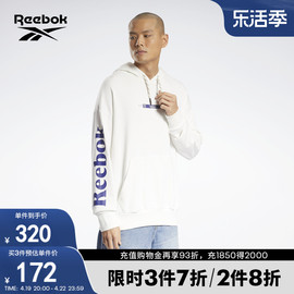 Reebok锐步男女款HOODIE经典图案印花百搭白色休闲连帽卫衣