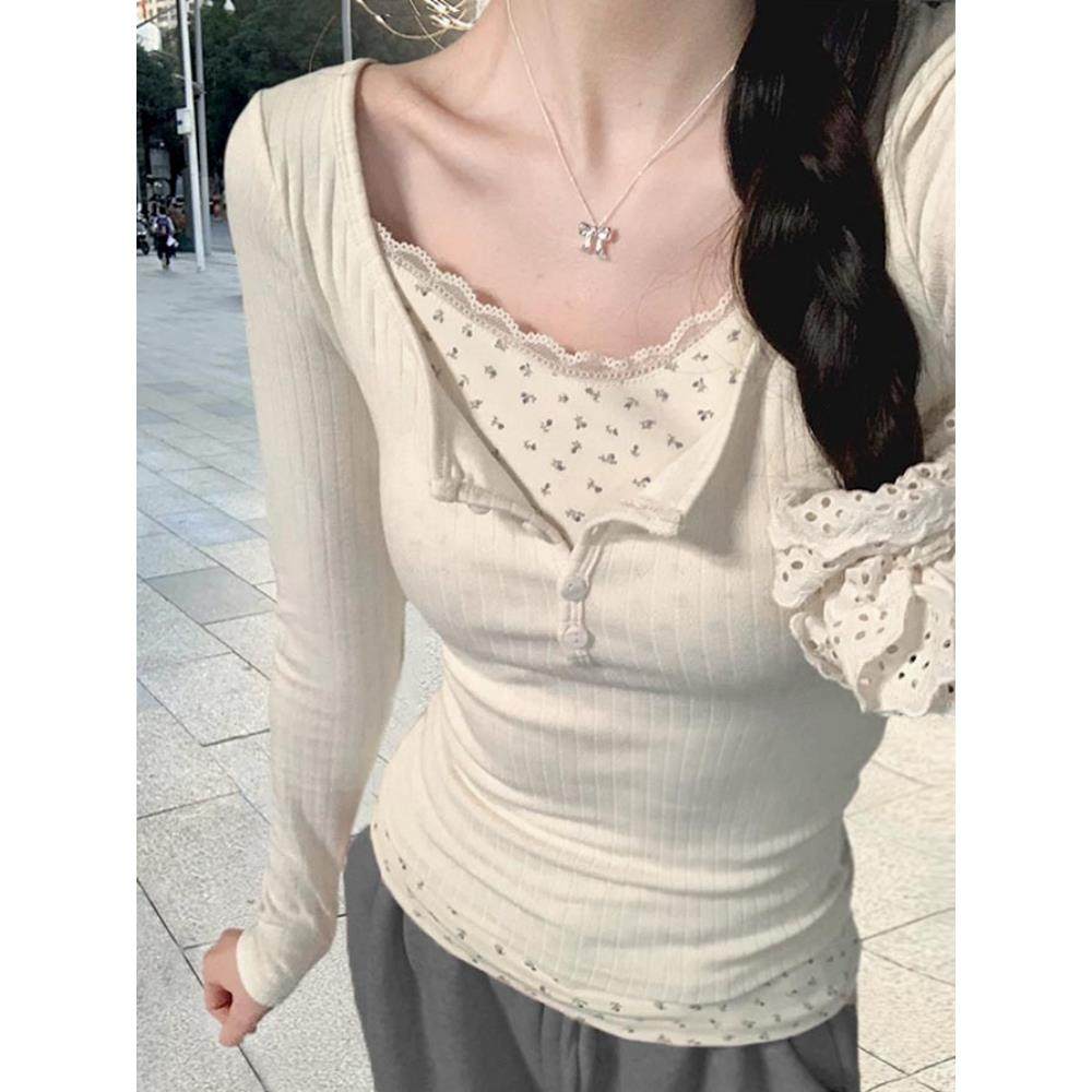假蕾丝花边打底衫春长袖T恤士正肩纽扣内搭短款上衣服0122k,女装/女士精品,T恤,淘宝优惠券,粉丝福利购,淘宝优惠卷