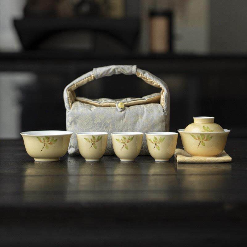 手绘玉兰花快客杯陶瓷旅行茶具套装便携式户外泡茶茶具全套收纳包