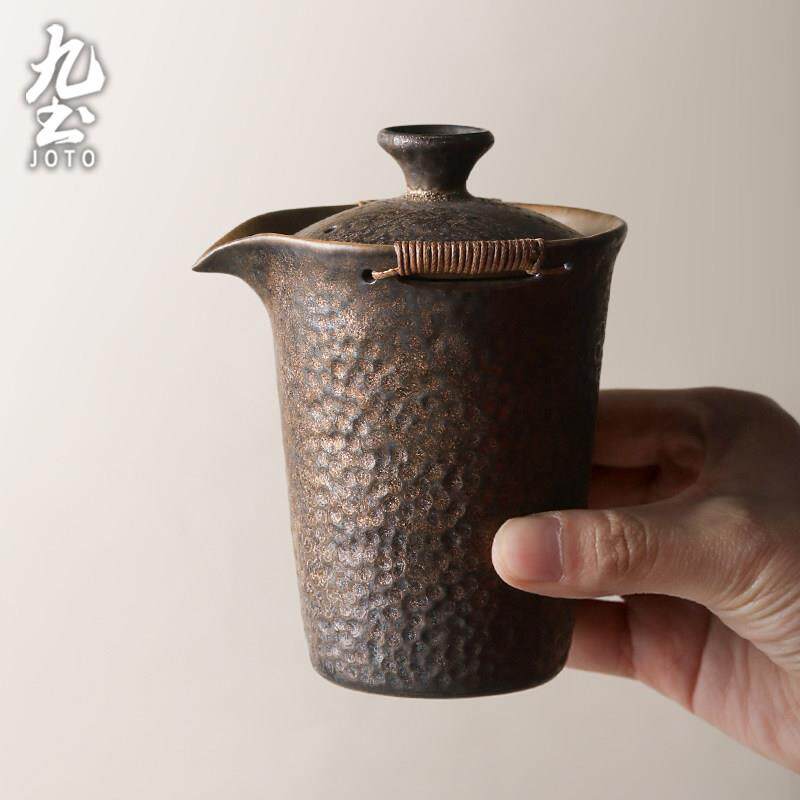 九土禅风一壶两杯茶具套装粗陶功夫茶具鎏金手抓壶便携旅行茶具