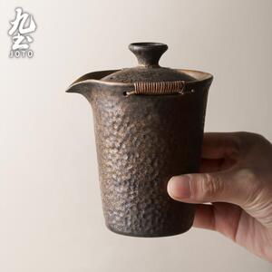 九土禅风一壶两杯茶具套装粗陶功夫茶具鎏金手抓壶便携旅行茶具