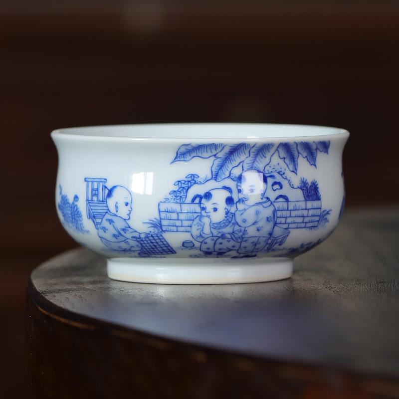 记石柴窑手绘青花婴戏图炉式杯全手工家用家居茶盏茶具复古陶瓷