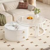 奶油风茶几客厅家用轻奢现代简约岩板茶桌小户型网红圆形玻璃边几