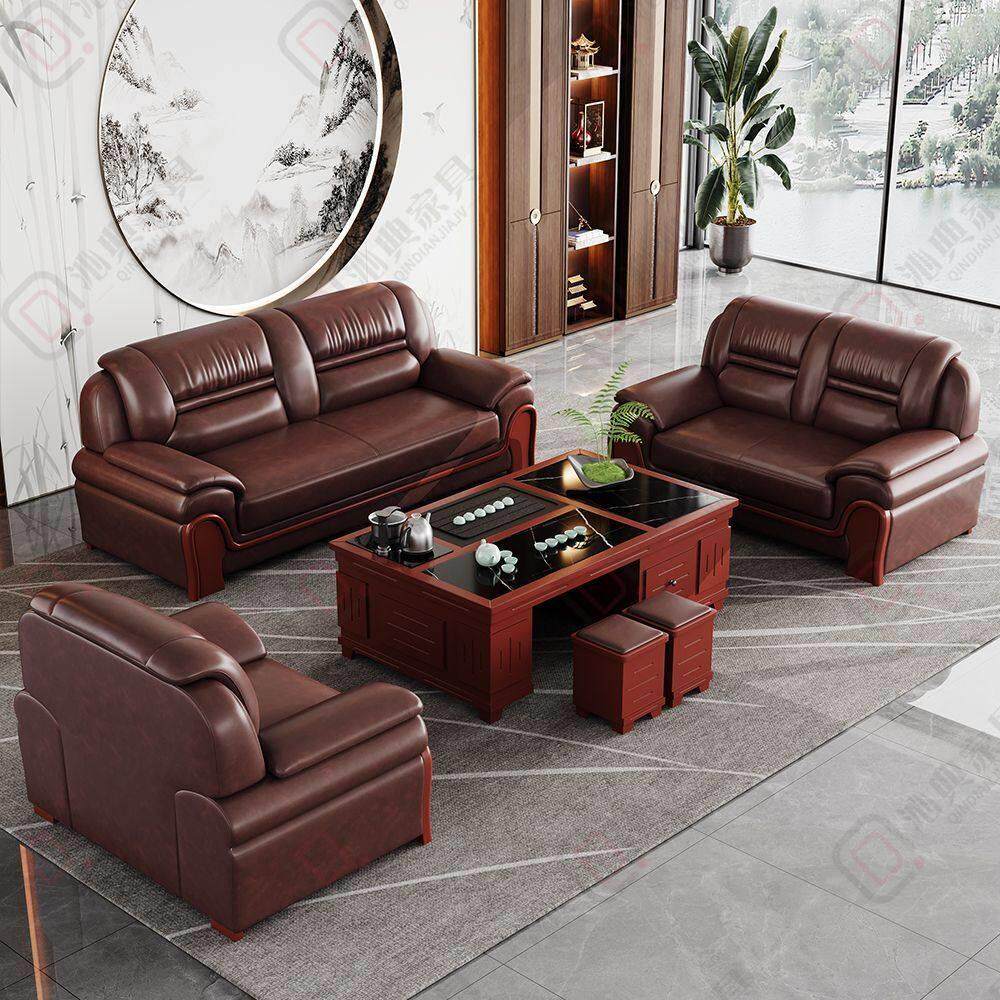 新中式会客接待直排沙发三人位客厅红木装饰真皮办公沙发茶几组合
