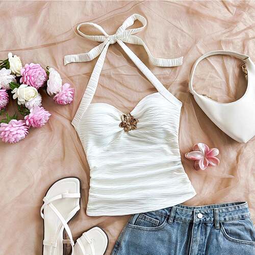Women'S Plain Halter Neck Cami Top Casual Backless