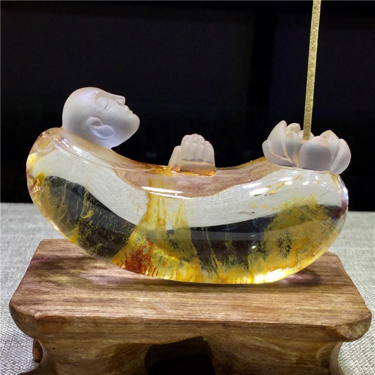 东海水晶天然红胶花黄胶花聚宝盆悟道莲花香插小把玩件摆件