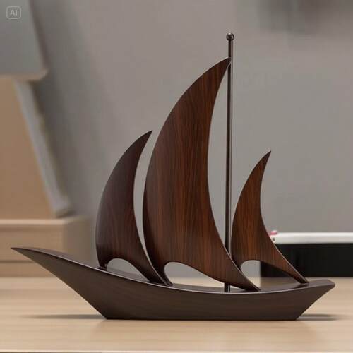 实木帆船饰品，高端精致促财办公桌面软装工艺品