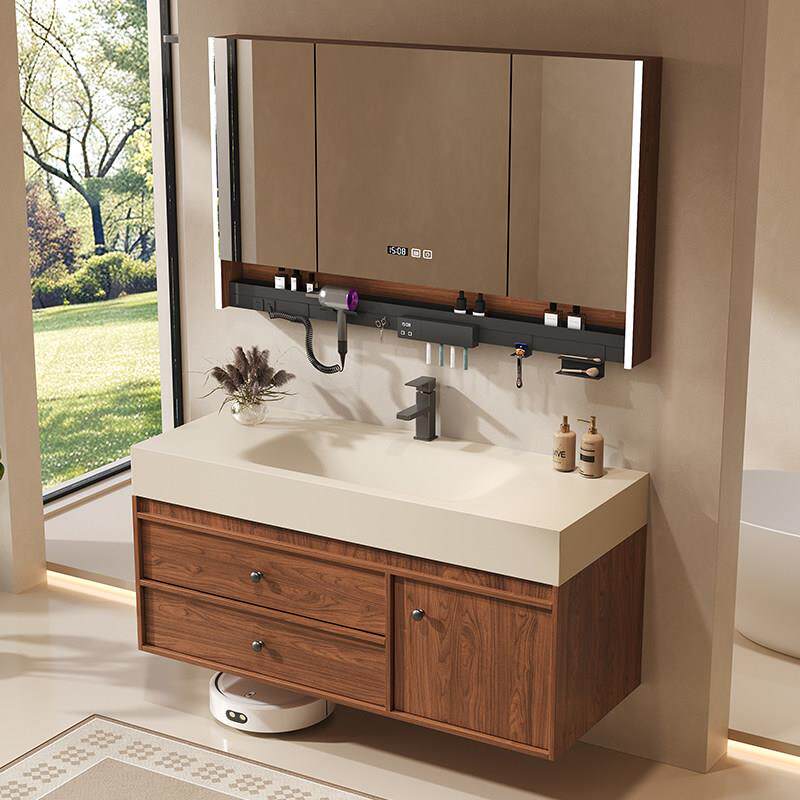 中古风胡桃木浴室柜岩板热弯一体盆卫生间洗漱台洗手洗脸盆柜组合