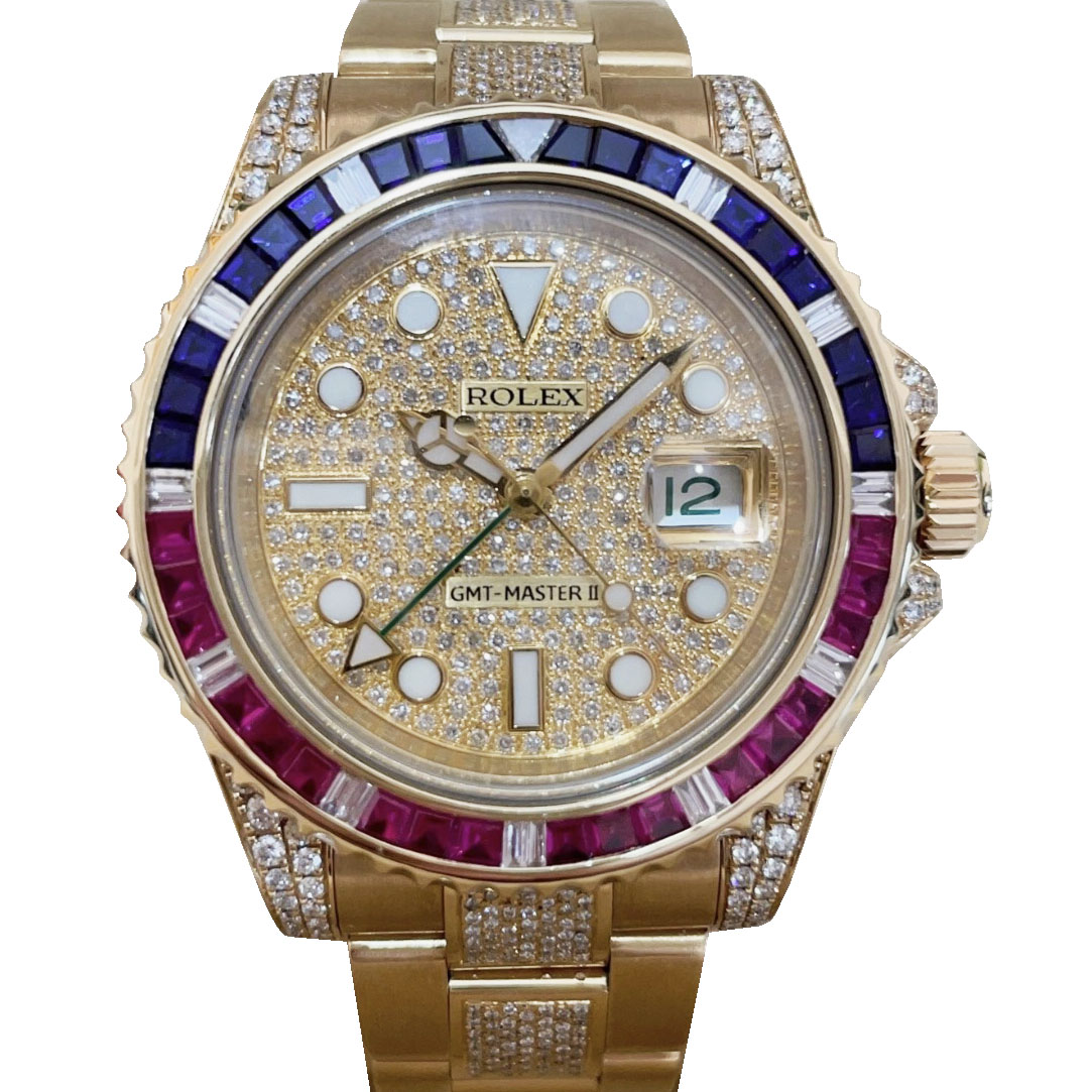 正品[9.8新]劳力士格林尼治18K黄金后镶钻自动机械男表116718