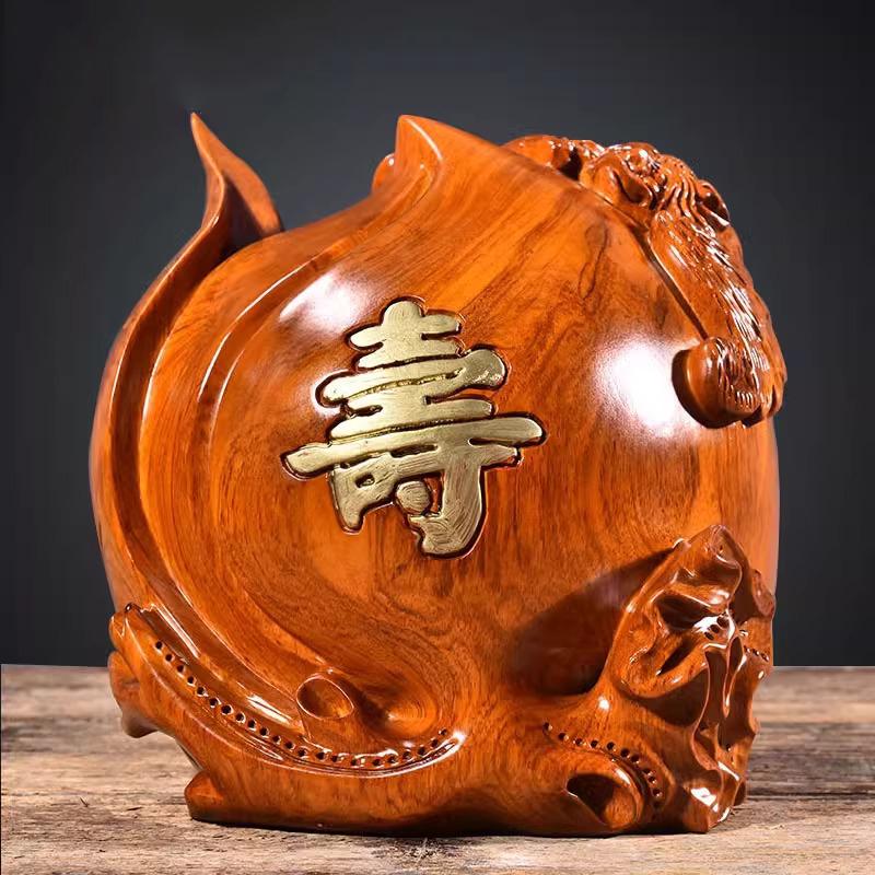 弗朗德家居客厅酒柜饰品寿桃摆件送长辈祝寿礼物花梨木雕刻工艺品