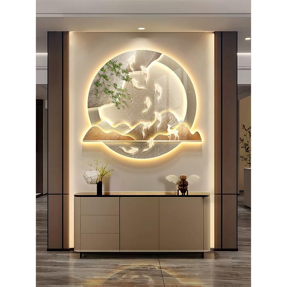 轻奢九鱼图入门玄关装饰画走廊过道壁画高档茶室入户门正对墙挂画