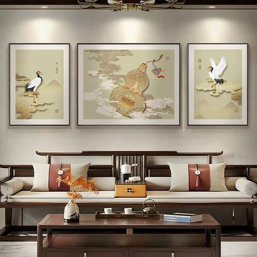 中国风葫芦客厅沙发背景墙装饰画大气中式仙鹤挂画寓意好三联壁画