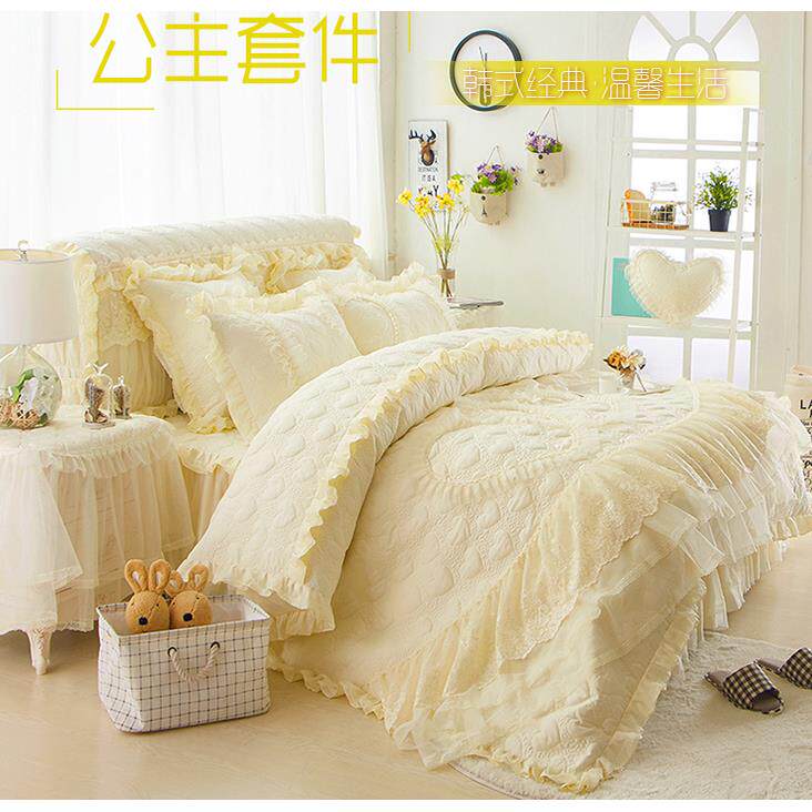 正品婚庆四件组韩版公床主风蕾丝夹棉裙81.米粉色被罩玫红罩床4件