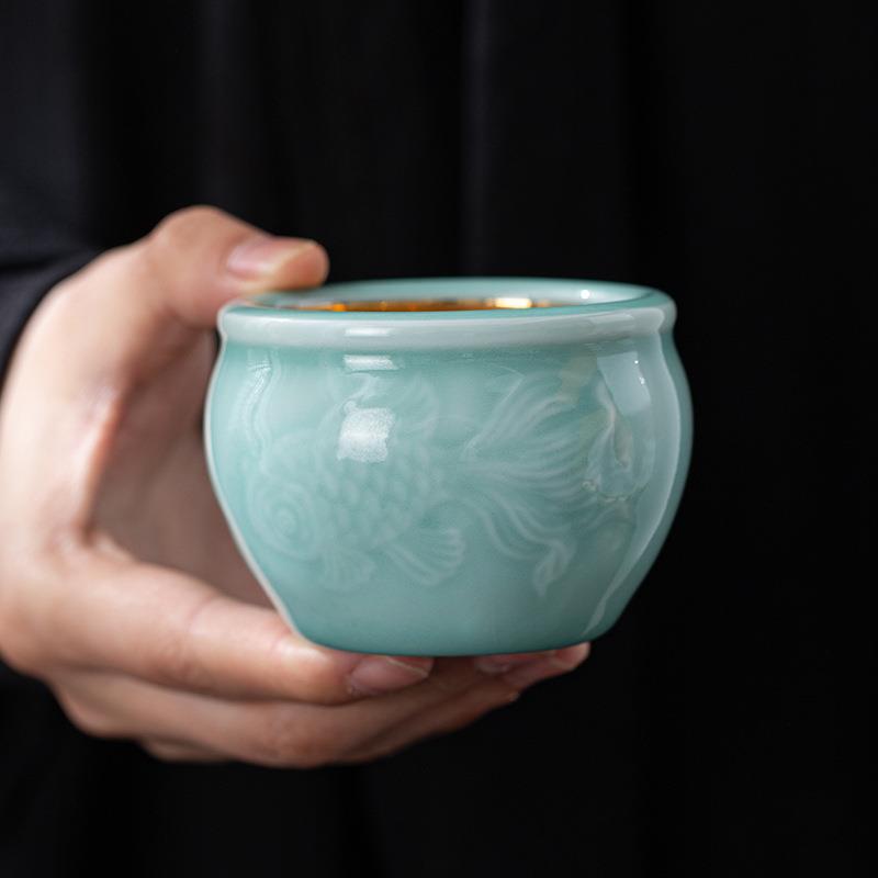 青瓷茶杯主人杯茶盏镶嵌银饰莲花风水缸杯陶瓷茶具家用小茶碗德化