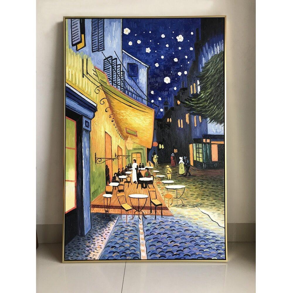 梵高夜间的咖啡馆竖版手绘玄关过道装饰壁画 画奥弗尔教堂向日葵