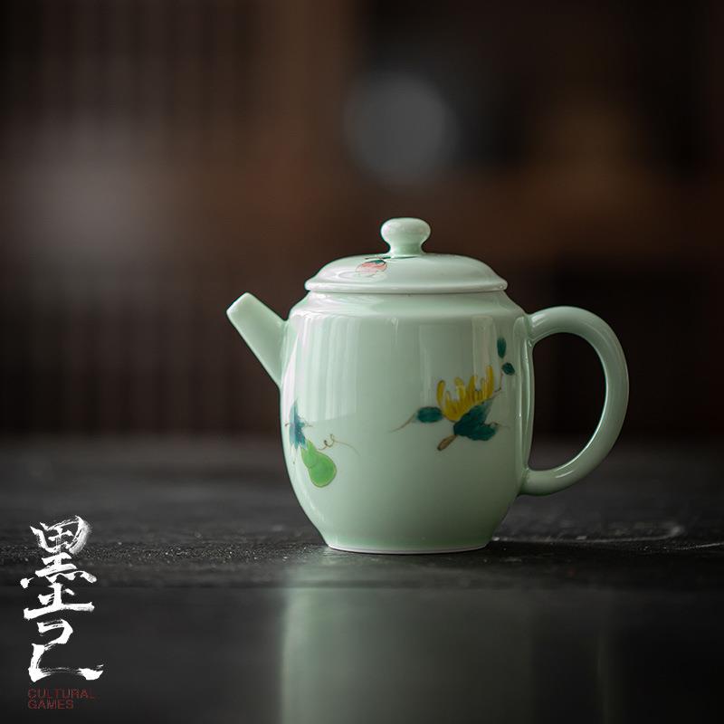 墨己 碧色釉 手绘佛手瓜陶瓷茶壶 功夫茶具文人手执壶 葫芦釉下彩
