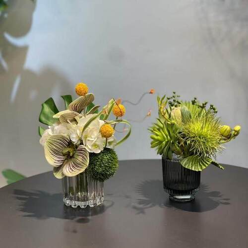 现代简约仿真花艺绿植玻璃插花器客厅餐桌售楼处洽谈桌面软装摆件