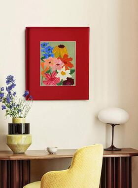 中古风红色花卉客厅装饰画法式复古卧室挂画北欧简约玄关画