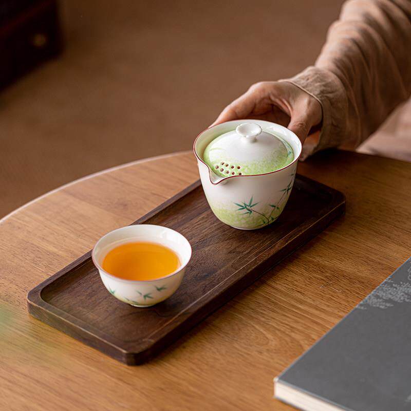 画续白瓷手绘竹子快客杯一壶一杯旅行茶具便携式一人饮收纳包旅游