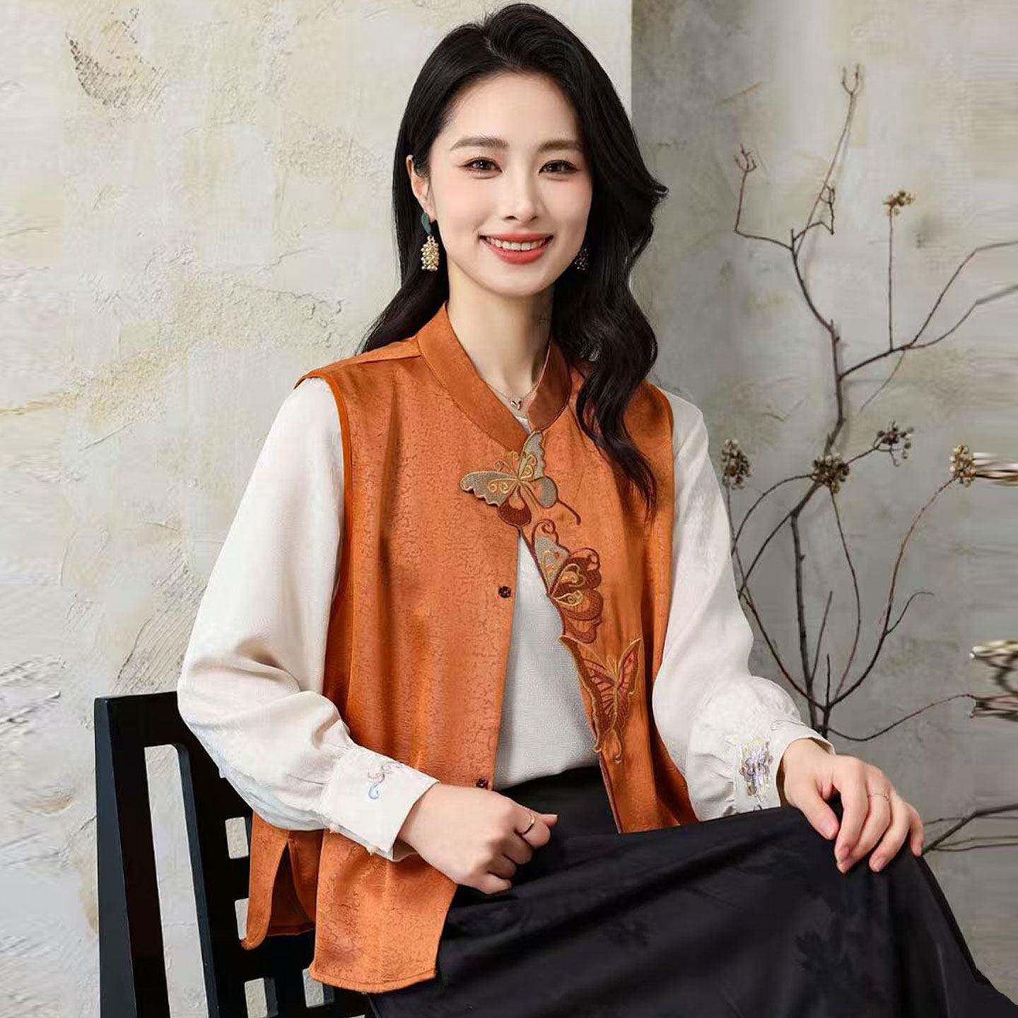民族风中年马甲女开衫夏装桑蚕丝100%套装妈妈立领真丝马夹上衣薄
