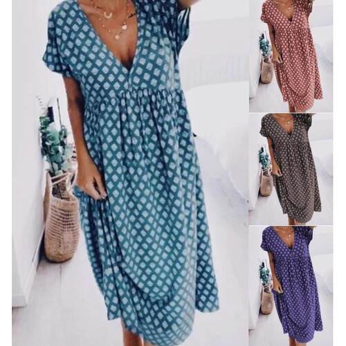 Printed short sleeved mid length women's dress
