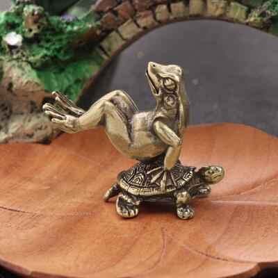 仿古玩铜器乌龟背青蛙摆件铜艺微雕实心铜龟蛙桌面茶宠收藏工艺品