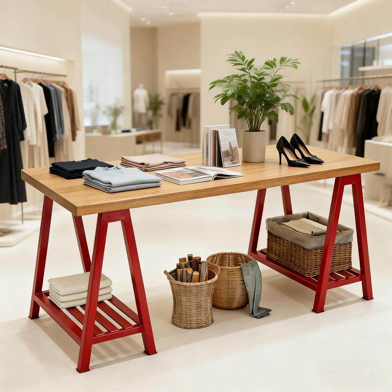 现代简约实木中岛台服装店中间桌子展示台A字支架双层收纳流水台