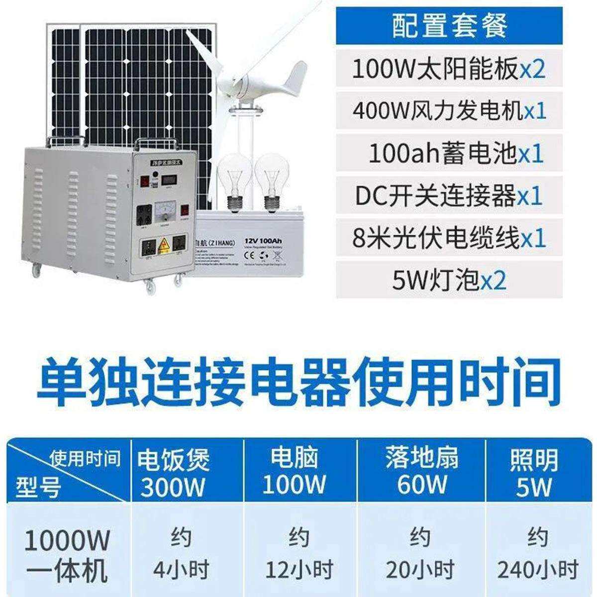 大功率风光互补系统太阳能发电系统可带家用设备220v光伏发电系统