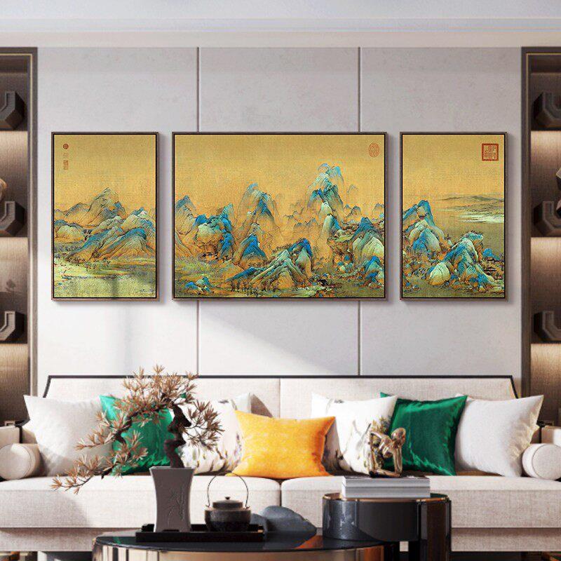 千里江山图新中式客厅装饰画山水画沙发背景墙挂画办公室壁画三联