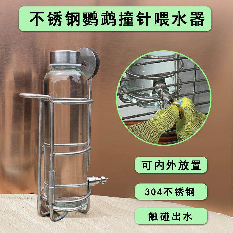 304不锈钢鹦鹉自动饮水器撞针喂水器鸟用龙猫水壶架高硼硅玻璃