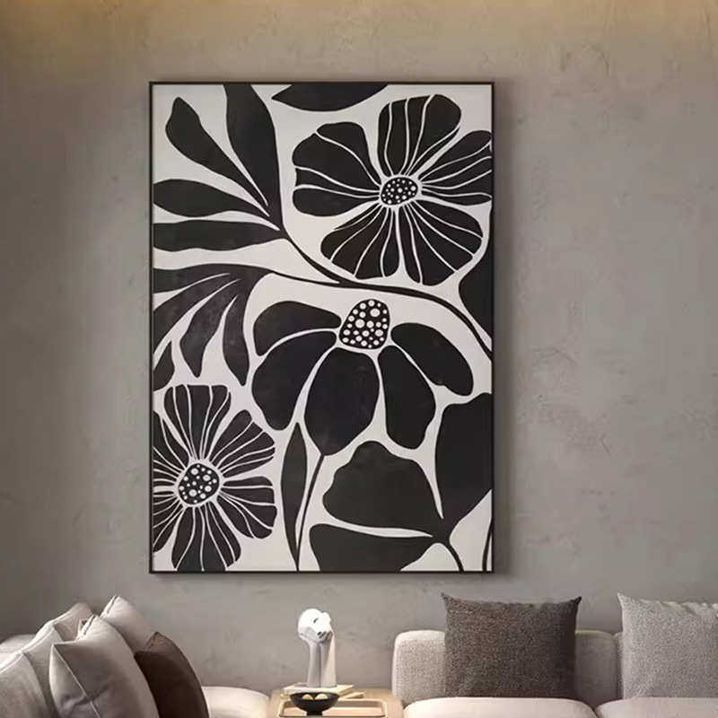 现代黑白灰复古花卉装饰画客厅玄关卧室背景墙壁画竖版样板间挂画