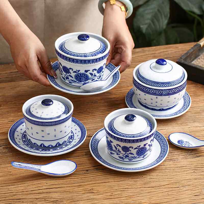 青花瓷商用鲍鱼炖盅带盖子隔水炖陶瓷小汤盅家用一人食小碗蒸蛋羹
