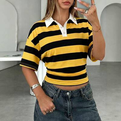 Striped Cropped Buttoned Polo Shirt Short Sleeve Slim Waist