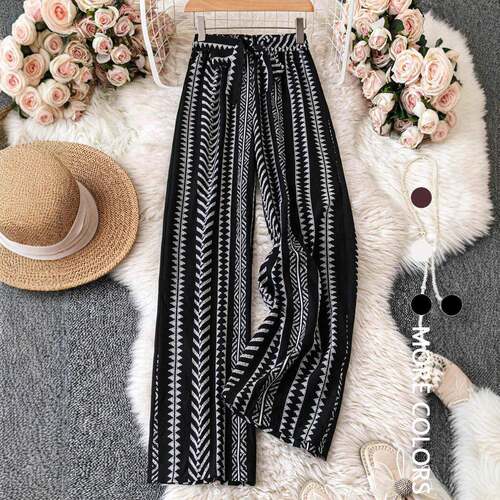 Women's All Over Print Tie Waist Wide Leg Pants Boho Casual