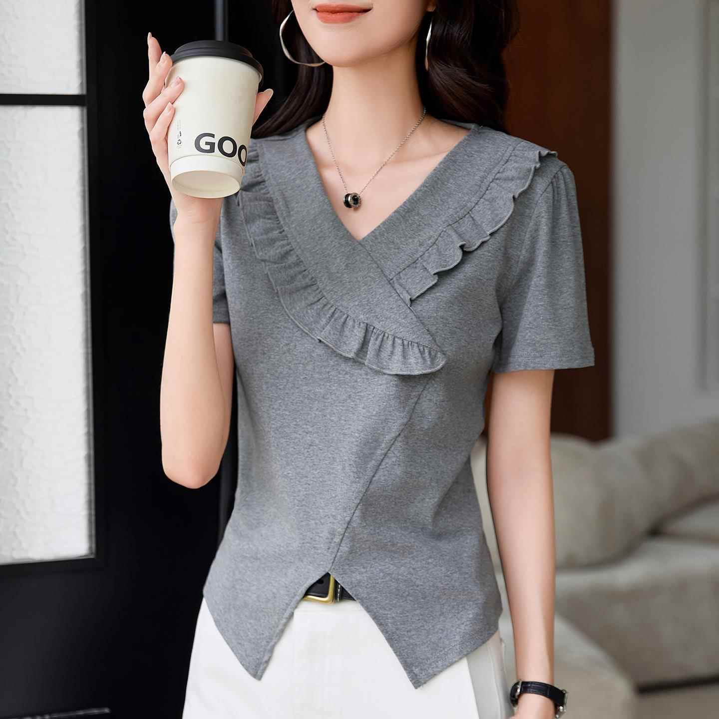 不规则v领短袖t恤女2025夏季新款修身木耳边设计感半袖上衣体恤潮